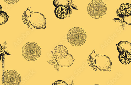 Seamless pattern with hand drawn lemons and slices on a yellow background vector illustration