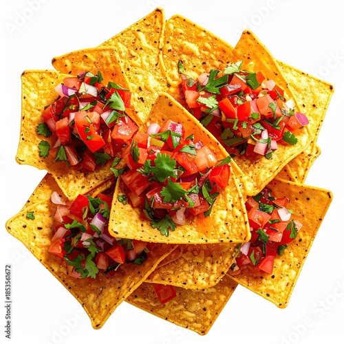 A pile of tortilla chips topped with salsa