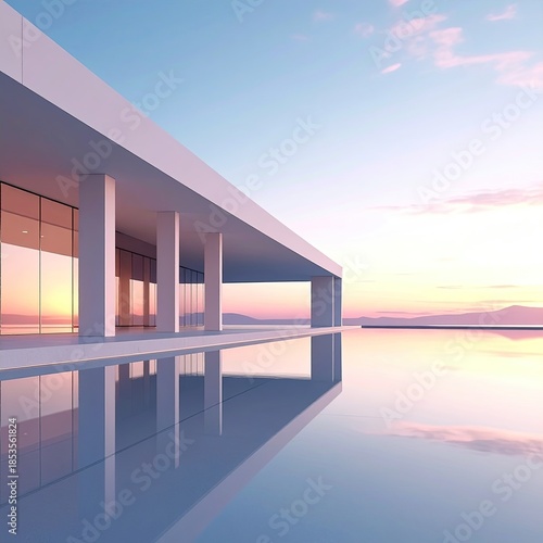 Modern minimalist home overlooking a tranquil pool at sunset