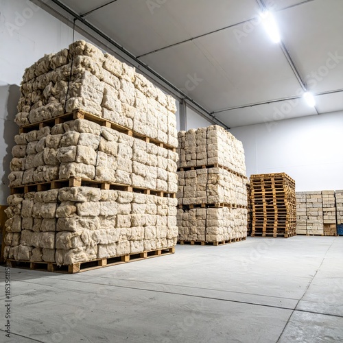 Large stacks of light beige blocks on wooden pallets fill a warehouse interior