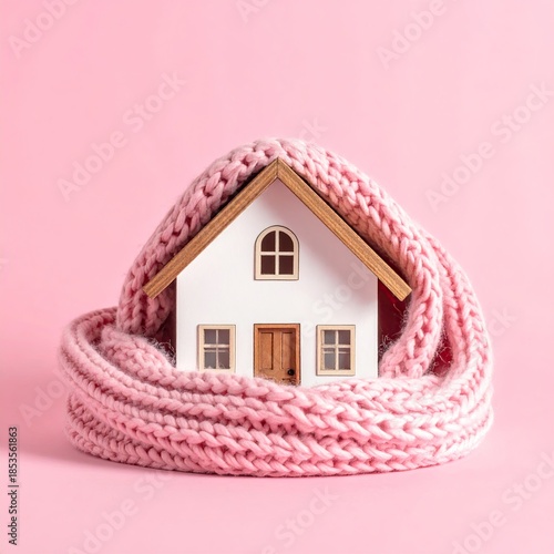 A miniature white house nestled in a pink knitted scarf, against a pink backdrop