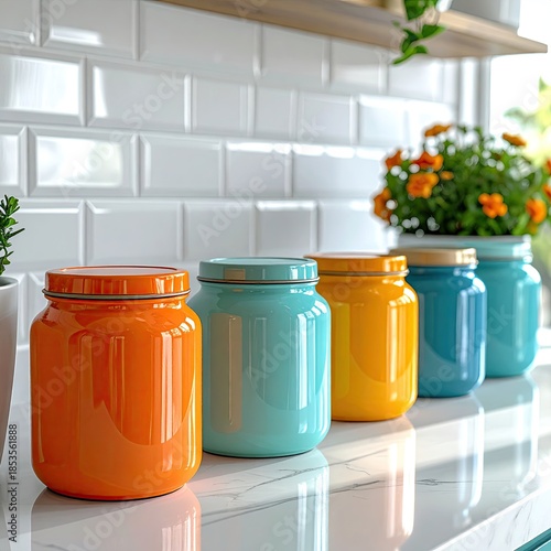 Colorful enamelware jars on a kitchen counter
