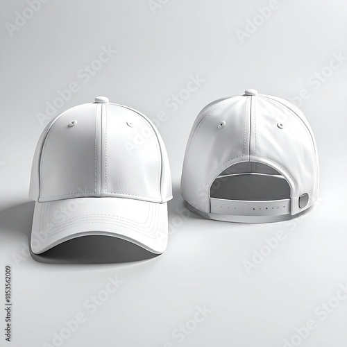 Blank white baseball cap, front and back views