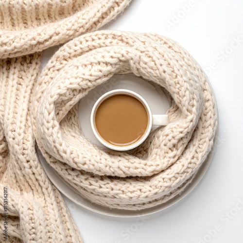 A cozy, warm scene of a coffee cup nestled within a cream-colored knitted scarf on a white plate,  against a white background