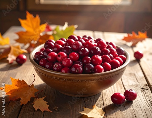 A rustic wooden bowl overflows with bright red cranberries on a weathered wood table with fall foliage