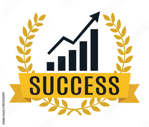 Success achievement emblem featuring a rising growth bar chart, upward arrow, and gold laurel wreath with a banner for business milestones