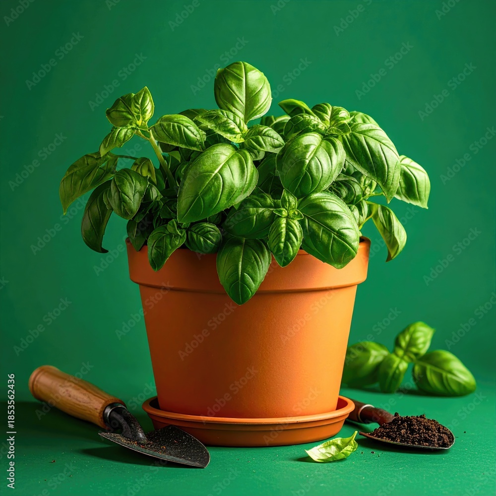 Fototapeta premium Fresh basil plant in terracotta pot, gardening tools