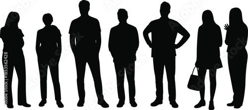 Collection of diverse standing people silhouettes for business team and professional group unity for corporate community project on white background