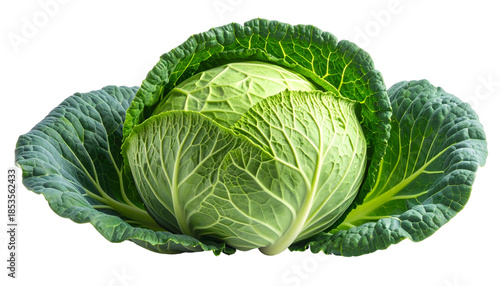 Close-up of a vibrant green cabbage head, isolated on a black background, fresh and ripe