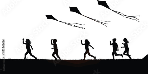 Black Silhouette of Group of Children Running in Grass and Flying Kites in the Sky, Representing Summer Joy, Freedom, and Childhood