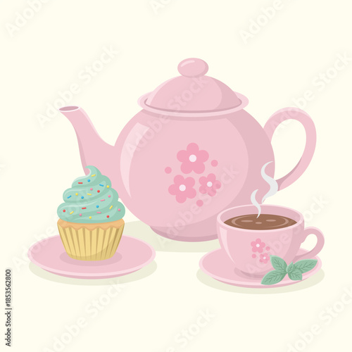 Cute ceramic teapot with floral pattern, a cup of hot tea with saucer, mint sprig and delicious cupcake dessert. Tea time set vector illustration.