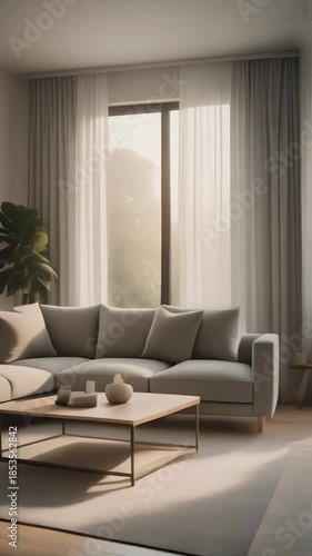  A beautifully furnished modern living room featuring a cozy sectional sofa, large windows wi