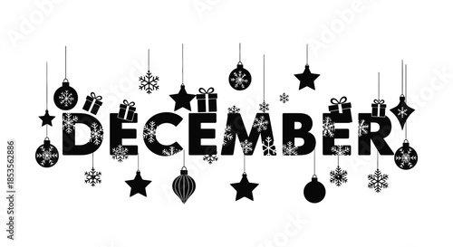 A decorative depiction of the month of december with hanging ornaments a festive silhouette