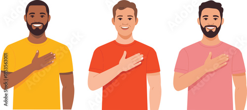 Diverse men placing hand on chest illustration, unity and respect gesture, multicultural male characters, flat vector style, isolated on white background