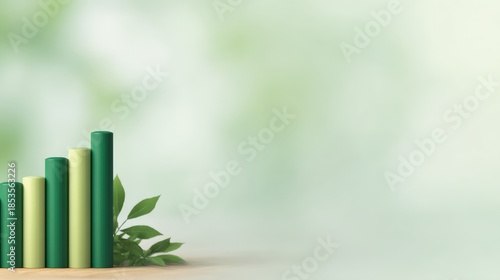 Growing bar graph with green leaves on a soft green background.