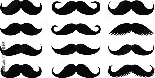 Collection of Twelve Black Mustache Silhouettes, Various Vintage and Modern Facial Hair Styles, Gentleman Accessory Vector Graphic Set, Flat Design Icon Illustration