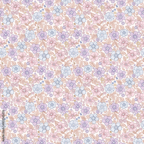 Cute flower pattern in small design. Small blue purple flowers on light color background. Ditsy floral seamless pattern. Pretty ditsy print. liberty style, design for fashion, fabric, wallpaper