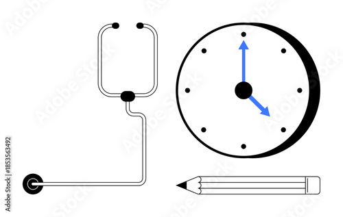 Time management, creativity, healthcare, productivity, medical equipment, wellness. A black-and-white clock, a pencil and an infusion set on a white background. Time management and creativity