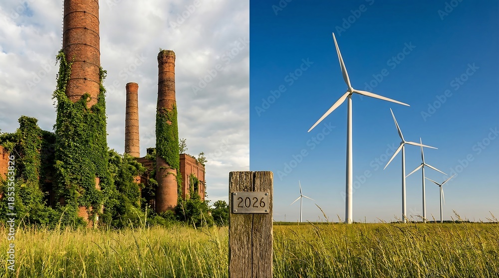 Fototapeta premium Energy Transition Concept Showing Shift From Fossil Fuel Industry to Renewable Wind Power