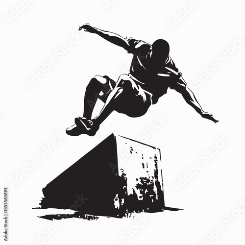 Silhouette Athlete Parkour Jumping Urban Wall Isolated on White Background