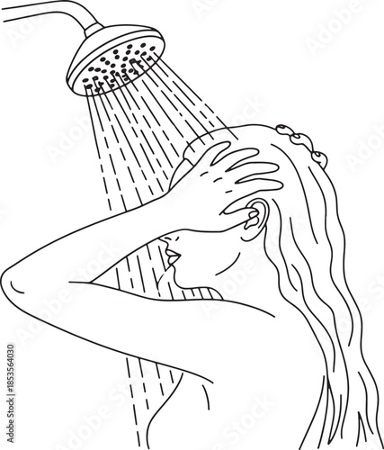 Woman Showering Line Art Illustration Minimal Bathroom Hygiene Concept