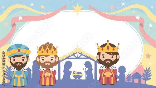 Three wise men. Nativity scene. Christmas illustration. Cartoon kings. Vector graphic. Holiday design. Blue background. Gold stars. Colorful border. Royal characters.
