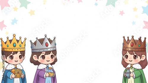 Cartoon royalty characters. King and queen illustrations. Colorful crowned princes and princess. Vector kids characters. White background. Star pattern.