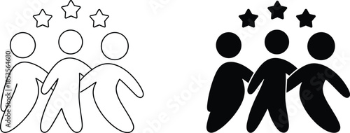 Customer satisfaction rating concept showing star reviewed team comparison, outline and solid people icons, performance evaluation, quality feedback illustration design