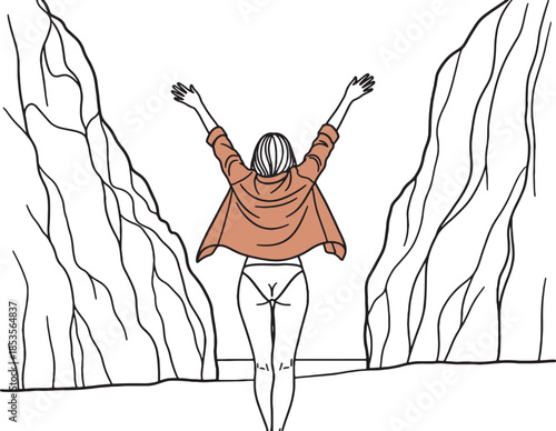 Woman Standing Between Mountains With Raised Arms Line Art Illustration
