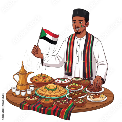 Sudan flag. Man holding Sudanese flag. Traditional Sudanese food. Cultural dish. African cuisine. Vector illustration.