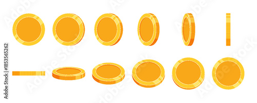 Set of rotating gold coin icons shown at different angles. Flat vector illustration of golden coins isolated on white background, ideal for animation frames, UI elements, and finance designs.