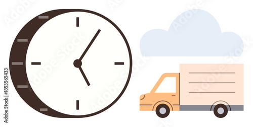 Clock, delivery truck, and cloud signify time-sensitive logistics, punctuality, and efficiency. Ideal for transport, shipping, e-commerce planning deadlines productivity time management. Simple
