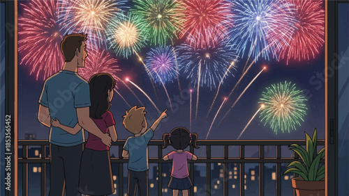 Family watching fireworks. People looking at colorful explosion. Night sky with fireworks. Family on balcony. Fireworks display. Vector illustration. Celebration scene. Happy family.