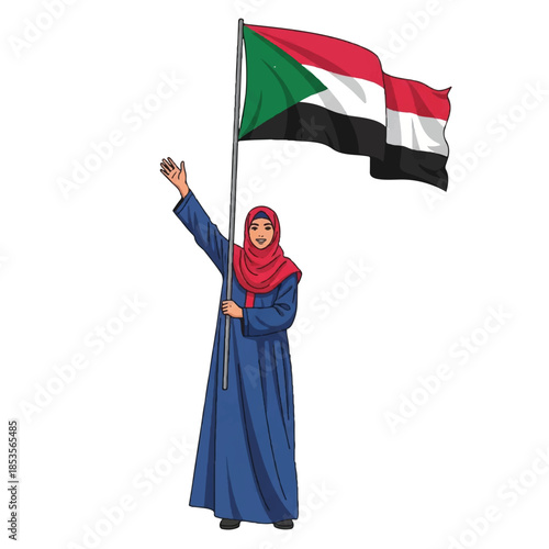 Woman in traditional Sudanese clothing holding flag. Sudanese flag waving. Woman wearing blue abaya and red hijab. White background. Vector illustration.