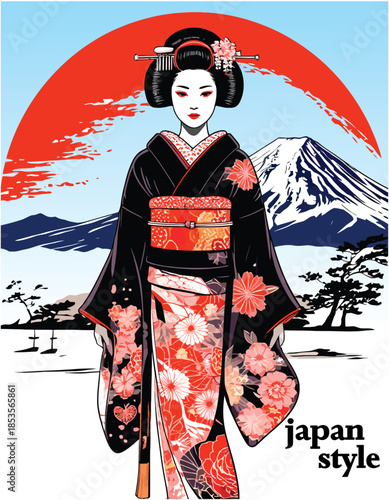 056-41Japanese geisha woman looking over shoulder, wearing traditional red kimono