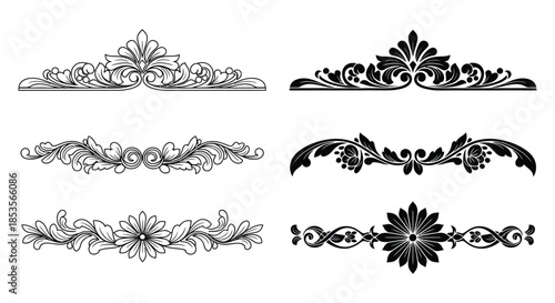 intricate floral ornaments and decorative designs presented in a classic black and white silhouette