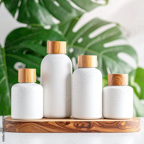 Four white bottles with light brown wooden caps sit on a wooden tray,  surrounded by lush green leaves.  Natural, minimalist, and elegant presentation