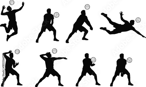 Black Silhouettes of Professional Volleyball Players in Various Action Poses Including Spiking, Serving, Diving, and Passing for Sports Design Projects