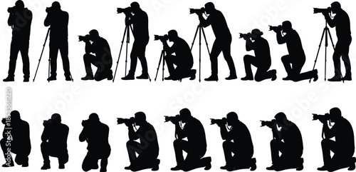 Black Silhouettes of Professional Photographers and Paparazzi in Action Poses Using Tripods and Telephoto Lenses for Media, Journalism, and Photography