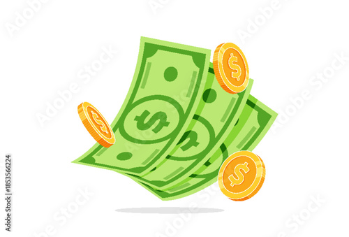 Money cash and dollar coin. Paper banknotes and penny coins for finance, payment, savings, investment, and business concept designs.