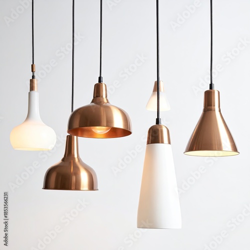 Six copper and white pendant lights hanging from black cords against a plain white background