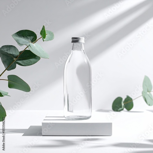 Clear glass bottle on white pedestal, surrounded by eucalyptus leaves, bathed in soft light
