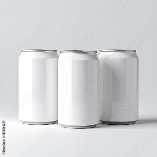 Three blank white aluminum cans stand upright on a light gray surface