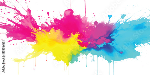 Vibrant Rainbow Paint Explosion: Multi-Color Ink Splatters & Liquid Drips on White. Abstract Art for Creative Branding, Modern Design, and Digital Media.