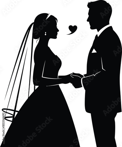 Silhouette of a bride and groom holding hands a heart floating between them