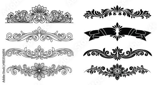 ornate floral design elements showcase symmetrical patterns and decorative borders in black silhouette