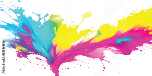 Vibrant Rainbow Paint Splash Explosion With Multi-Color Ink Splatters & Liquid Drips on White Background. Abstract Art for Creative Branding, Modern Design & Digital Media.
