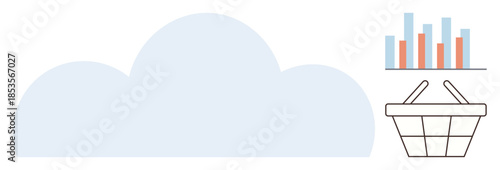 Cloud representing online storage, bar graph for data analysis, shopping basket for e-commerce. Ideal for technology, business trends, cloud computing, market research, retail, data exchange simple