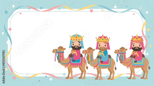 Three wise men on camels. Cartoon illustration of kings riding dromedaries. Colorful festive scene. Vector design for Epiphany or Christmas. White text space. Blue background with confetti.