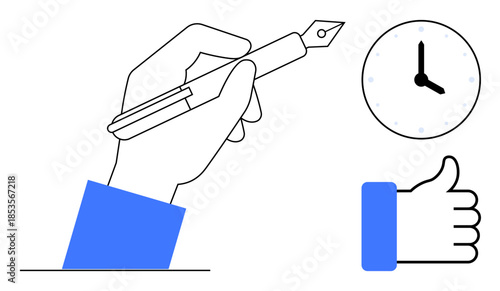 Time management concept. Clock, hand holding pen, and thumbs-up time utilization, task prioritization, and productivity. Time management for personal goals or professional work. Planning, task